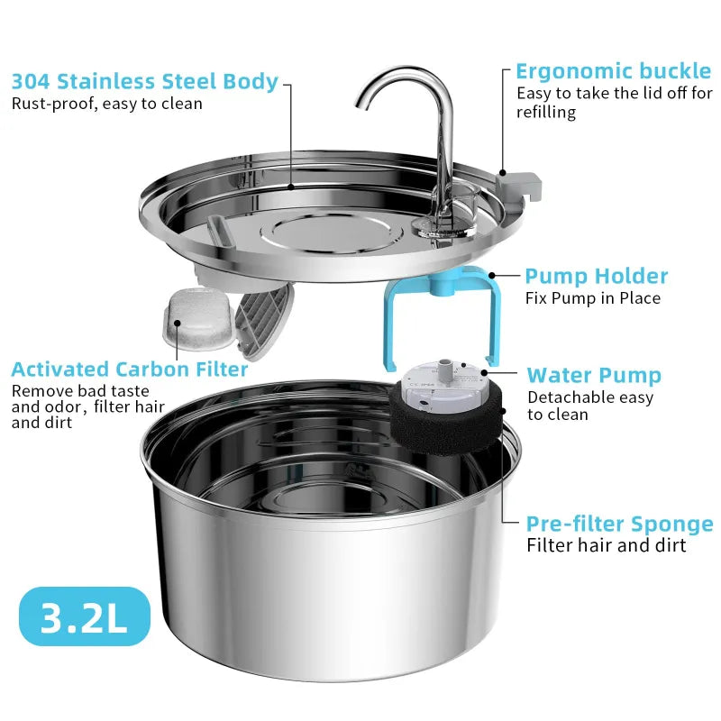 Stainless Steel Pet Water Fountain for Cats & Dogs